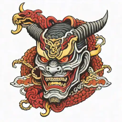 A neotraditional style samurai mask with serpents weaving through the design tattoo design idea