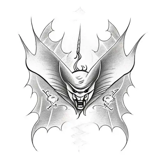 Front facing bat with windbars as wings, flames pouring from behind it tattoo design idea