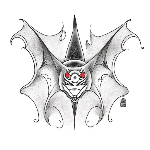 Front facing bat with windbars as wings, flames pouring from behind it tattoo design idea