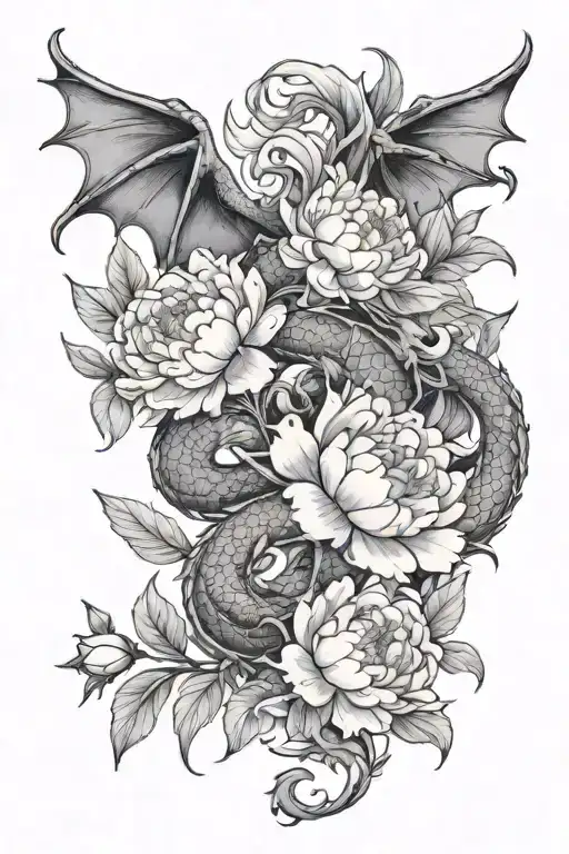flowers (peonies, lily, pacific dogwood) with small fantasy style dragon tattoo design idea
