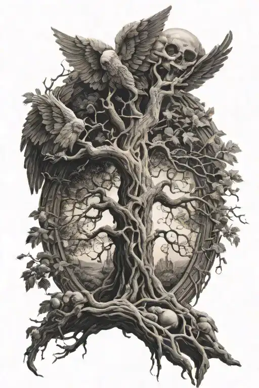 fallen angel tree of life and death tattoo design idea