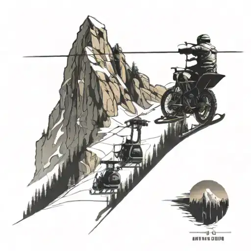 A ski lift ascending a mountain with a motorcycle parked at the base tattoo design idea