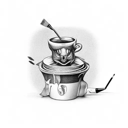 A surrealistic scene of a coffee mug transforming into a paintbrush tattoo design idea