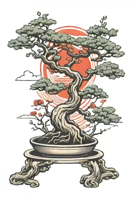 bonsai tree with red sun tattoo design idea