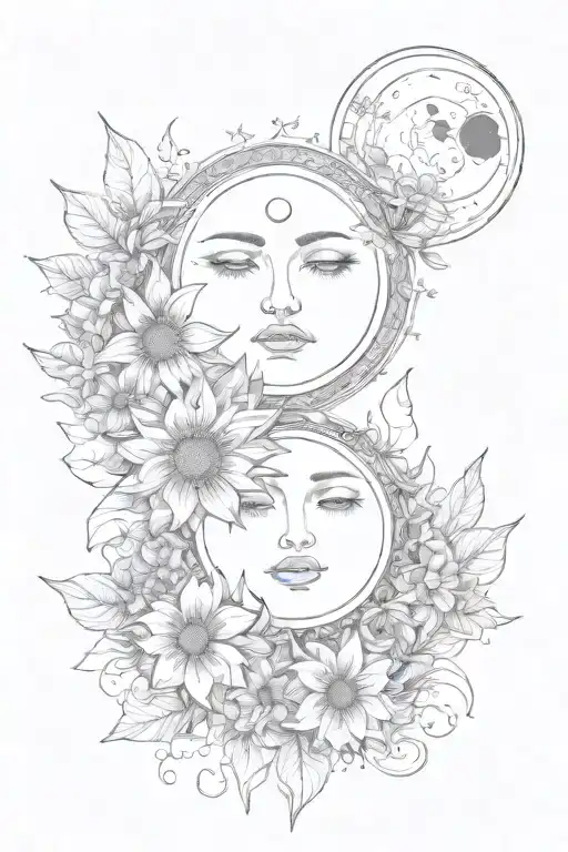 Sun and moon overlap with flowers tattoo design idea