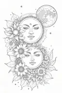 Sun and moon overlap with flowers tattoo design idea