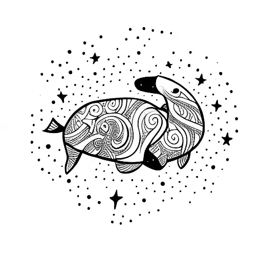 fine line feminine beluga whale with stars around it tattoo design idea