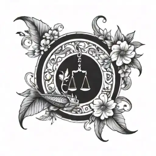 An arch shaped like a scale with two fish and flowers tattoo design idea