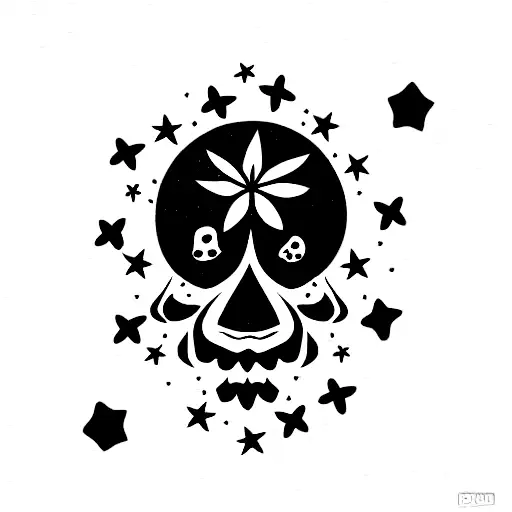 skull with flowers and japanese stars tattoo design idea