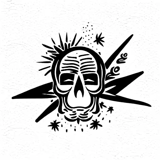 skull spitting fire with palm trees and japanese stars behind tattoo design idea