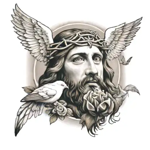 brown eyed jesus, dove, rose, 9 o clock inside tattoo design idea