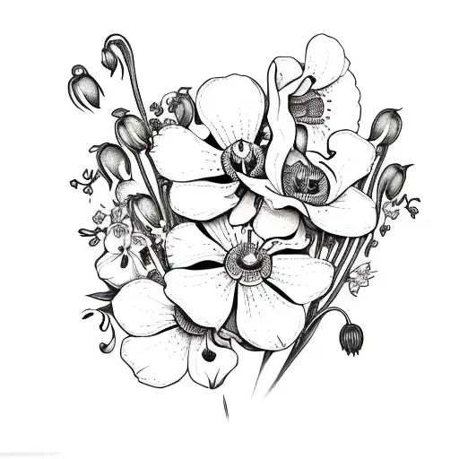 bouquet of Lily of the valley, poppy, rose, orchid, peony, daisy, morning glory tattoo design idea