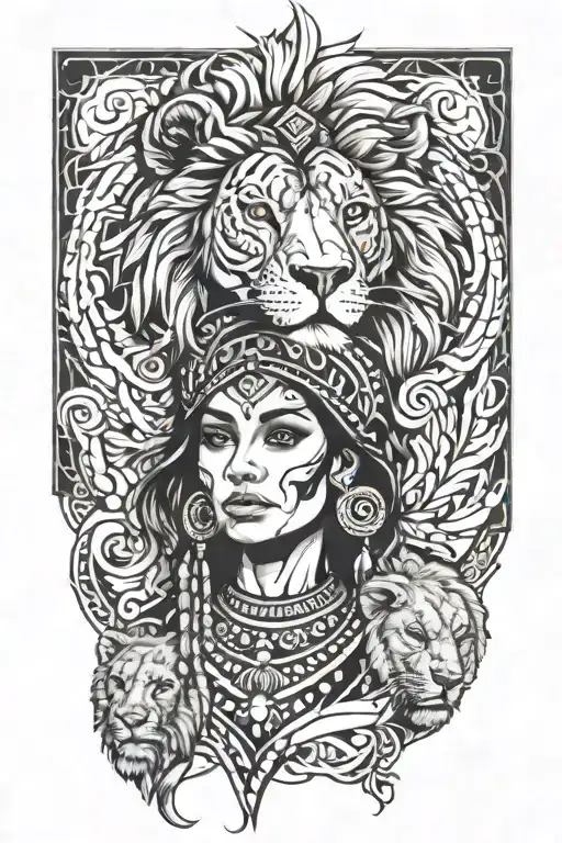 tribal woman with lion emerging from face tattoo tattoo design idea