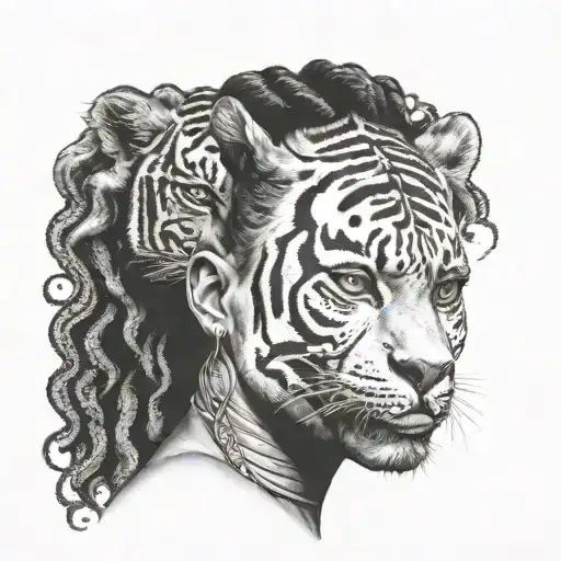 African woman face split by tiger emerging tattoo design idea
