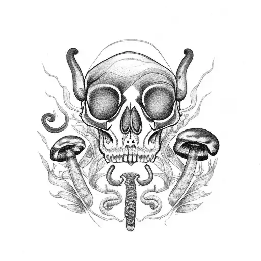 cat skull laying in a bed a ferns and spider webs with a snake wrapped around it with mushrooms around, slugs, spider tattoo design idea