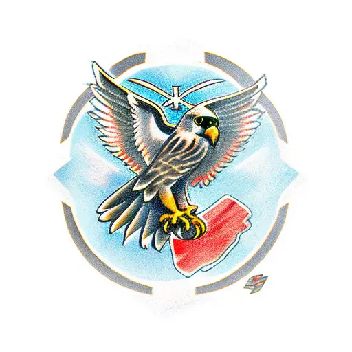 A polish falcon around a cross with an italian and american flag in the backround tattoo design idea