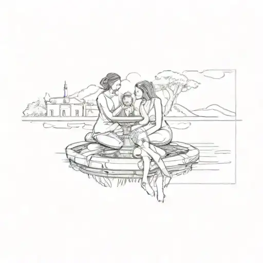 a family posing in front of a fountain tattoo design idea