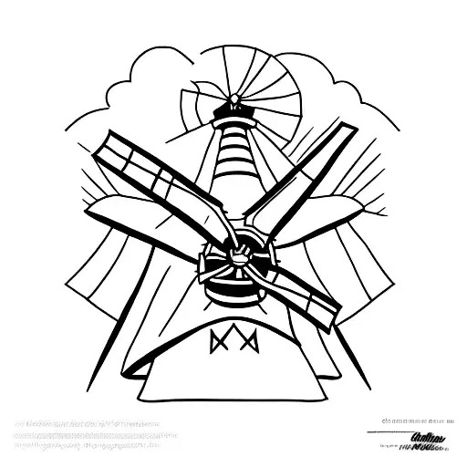 A minimalist tattoo of the iconic windmill from the Moulin Rouge, surrounded by the words 'Come what may' tattoo design idea