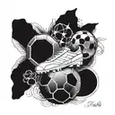 A tattoo design featuring the names Franco, Alessandro, and Giulia intertwined with soccer elements, representing the client's love for their family and passion for the sport tattoo design idea