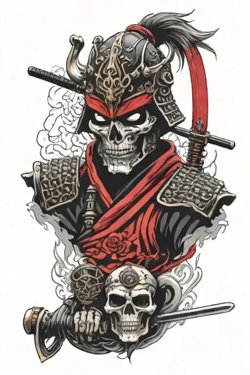 skull face samurai with red and black armour tattoo design idea