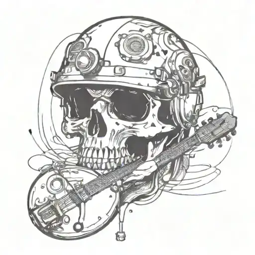 skull wearing a motorcycle helmet, eyes are guitar pickups, music notes in the helmet, guitar neck emerging from back tattoo design idea