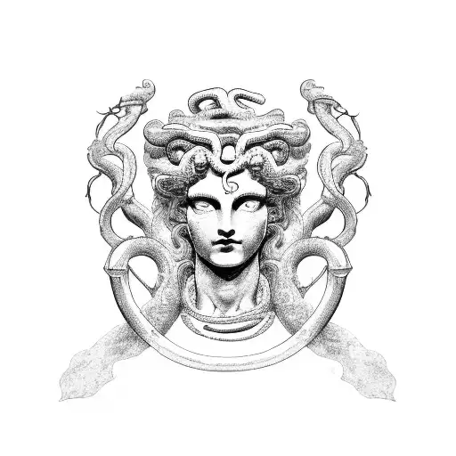 Perseus fight with Medusa Gorgona with his sword by cuting her head in ancient Rome  tattoo design idea