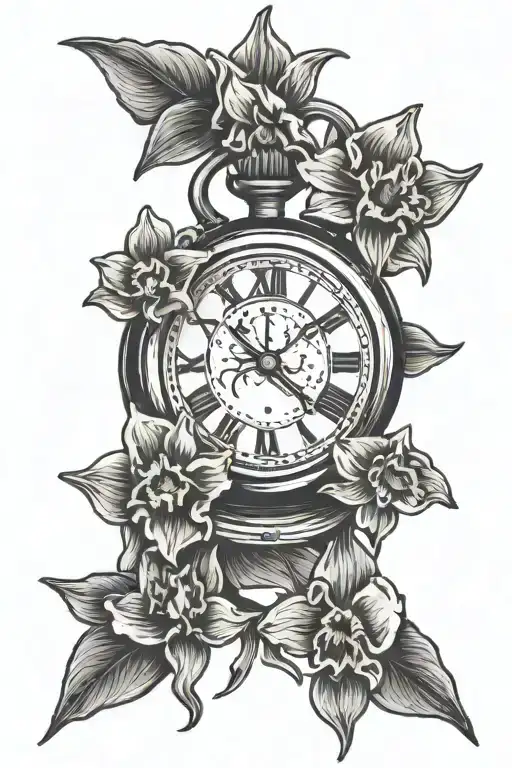 Stopwatch and daffodils tattoo design idea