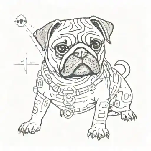 A tattoo design of a pug wearing a cyber security-themed outfit, with hacker symbols and computer code surrounding it, symbolizing the client's love for pugs and cyber security tattoo design idea