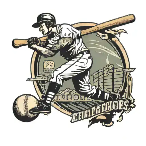 A tattoo design combining elements of football and baseball, such as a football player swinging a bat, with a background of a football field and baseball diamond tattoo design idea