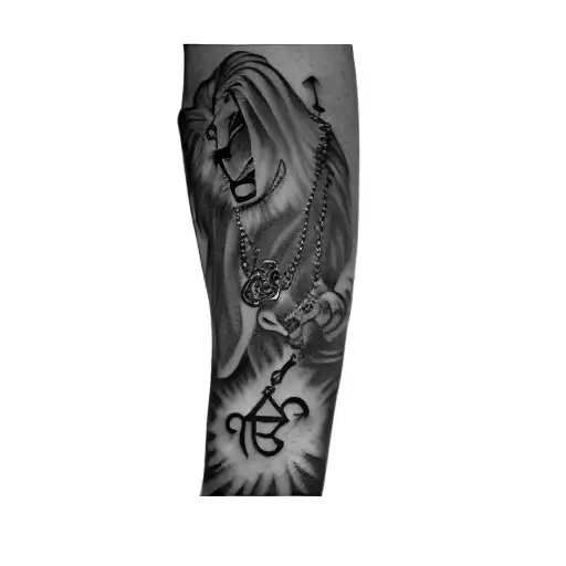 a praying hand with a rosary lion on the top  tattoo design idea