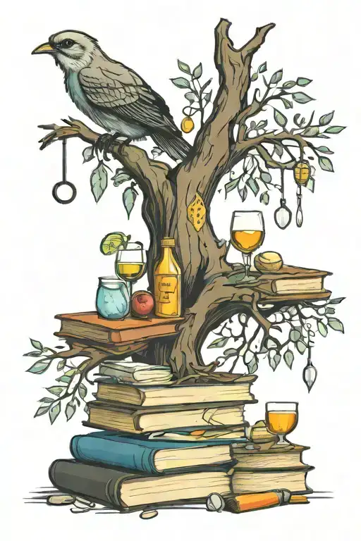 Tree of life sitting on books, chef knife, martini glass and paintbrush hanging from branches  tattoo design idea