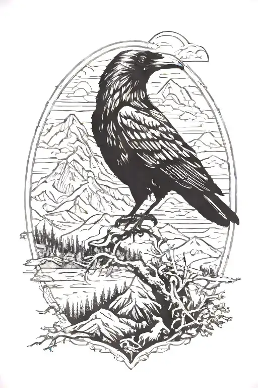 raven with mountain and alaska scene tattoo design idea