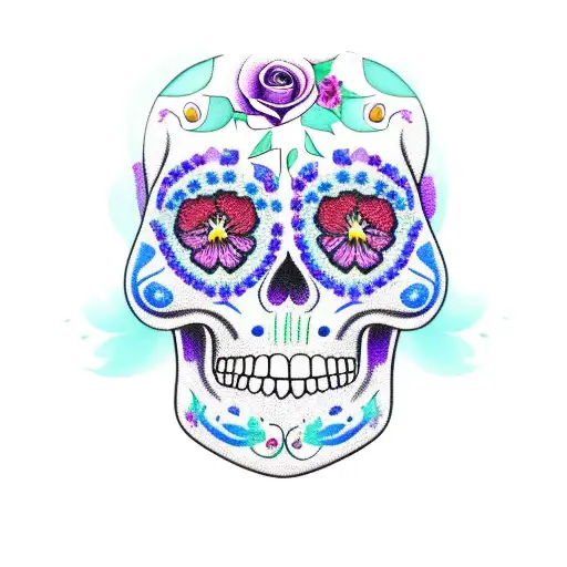 sugar skull profile with purple roses and blue pansies tattoo design idea