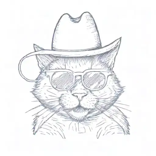 a happy cat showing two teeth with an enormous pair of summer sunglasses and a funny hat, represented in simple style tattoo design idea