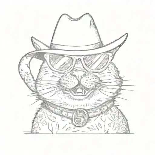 a happy cat showing two teeth with summer sunglasses and a funny hat   tattoo design idea