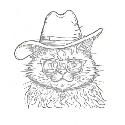 a surprised fluffy cat showing two teeth with an enormous pair of summer sunglasses and a funny hat,  in simple style tattoo design idea