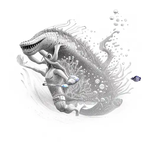 A snorkeler diving into a deep abyss with a mysterious creature tattoo design idea