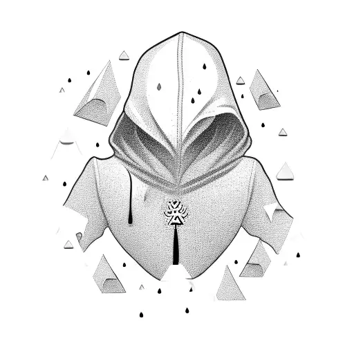A blackwork tattoo of a hooded figure with money raining down around them, symbolizing the pursuit of wealth tattoo design idea