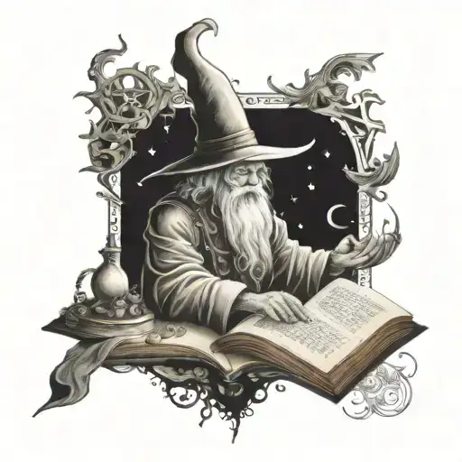 A tattoo featuring a wizard casting a spell from a book surrounded by alchemical symbols tattoo design idea