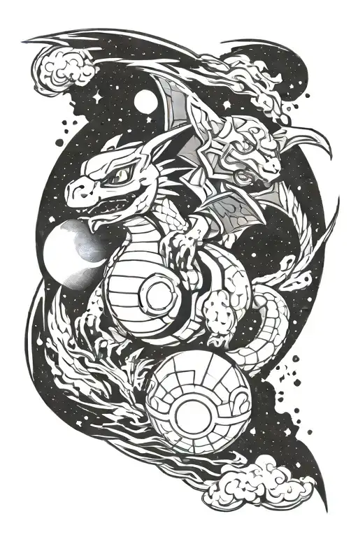 Black and white tattoo of master pokeball in space with charizard tattoo design idea
