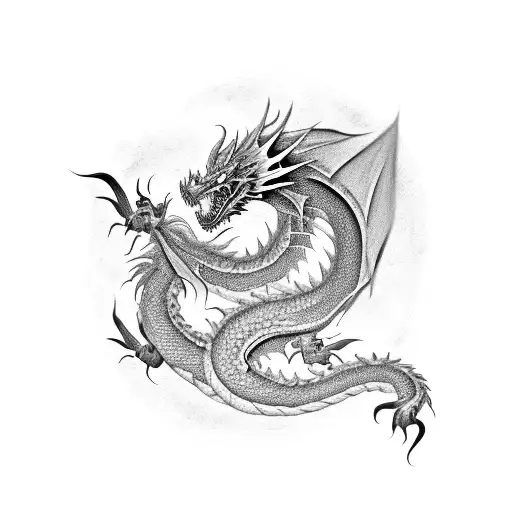 A black-grey dragon emerging from a traditional Japanese ink brush painting tattoo design idea