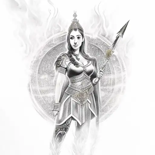 full body Goddes Hestia in ladies armor with Flames dark background tattoo design idea