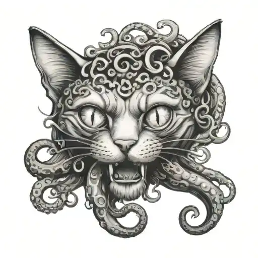 cat head with octopus tentacles tattoo design idea
