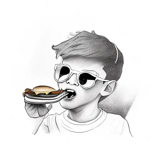 boy eating a burger wearing shades and shirt with a mountain/scenery behind it tattoo design idea
