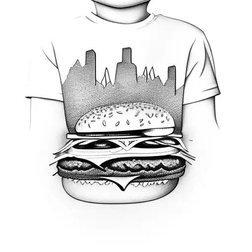 boy eating a burger wearing shades and shirt with a mountain/scenery behind it tattoo design idea