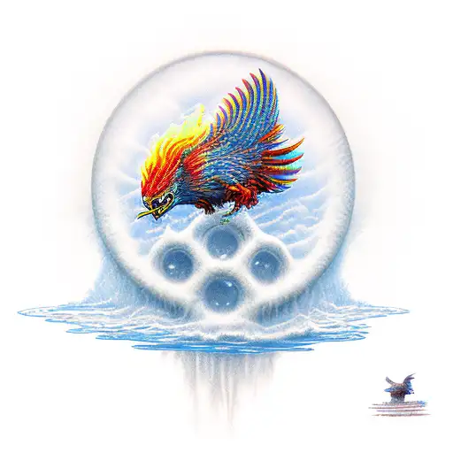 a man who looks into a water and sees his reflection as a child, and in the background should be the Phoenix bird tattoo design idea