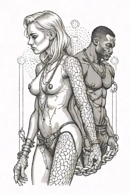 nude slim young blonde european girl wearing chains leashed by muscular african man tattoo design idea