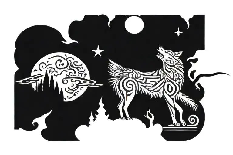 wolf howling at the moon with compass tattoo design idea