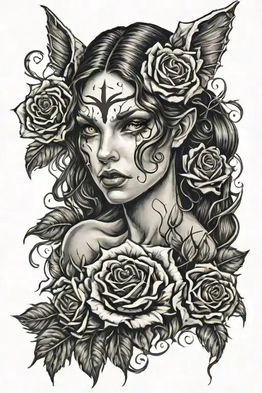succubus with tear roses in fire tattoo design idea