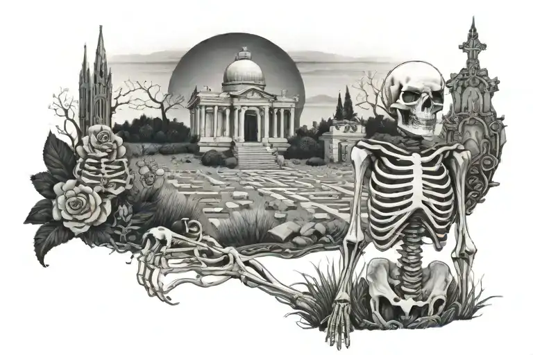 skeleton with cemetery in background black and white tattoo design idea